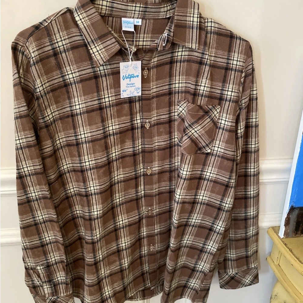 Kids Brown Plaid Button Down Shirt Size 14 NWT